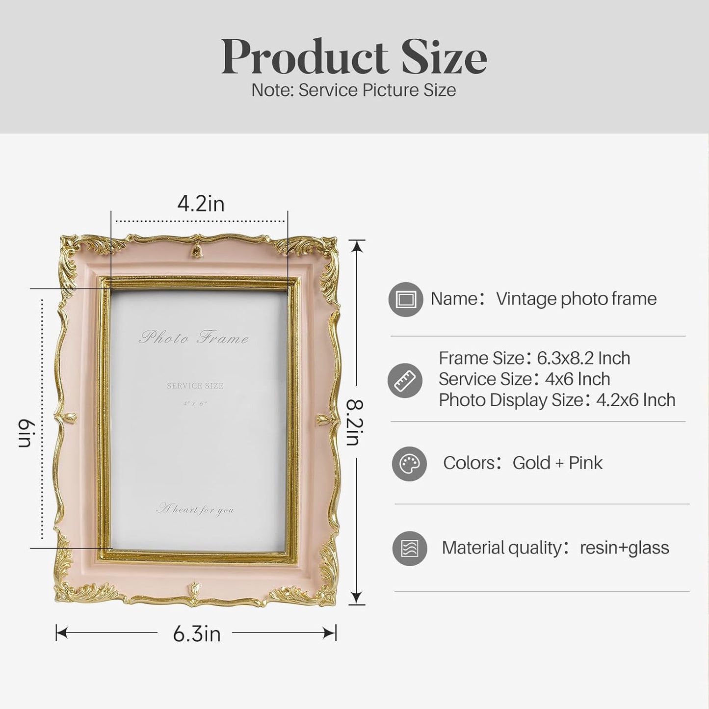 Cuspin 4x6 Vintage Picture Frame Pink and Gold Photo Frame, 4 by 6 Picture Frames Ornate Textured Hand-Crafted Resin with Glass Front for Tabletop Display, Retro Design Home Decor
