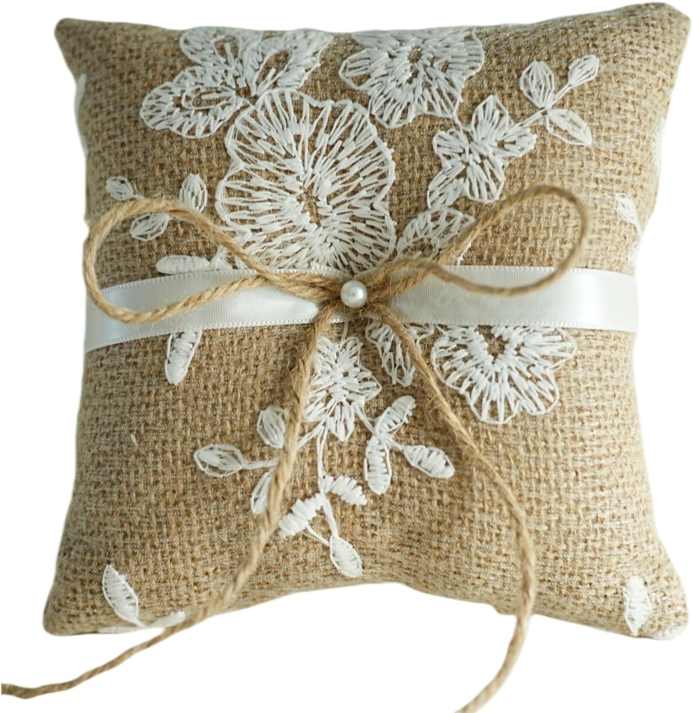 QIRMIZI Vintage Rustic Burlap Ring Bearer Pillow - Elegant Fall Wedding Décor with Lace, Bow, and Embroidered Flower Ribbon