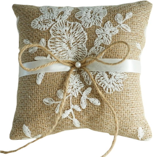 QIRMIZI Vintage Rustic Burlap Ring Bearer Pillow - Elegant Fall Wedding Décor with Lace, Bow, and Embroidered Flower Ribbon