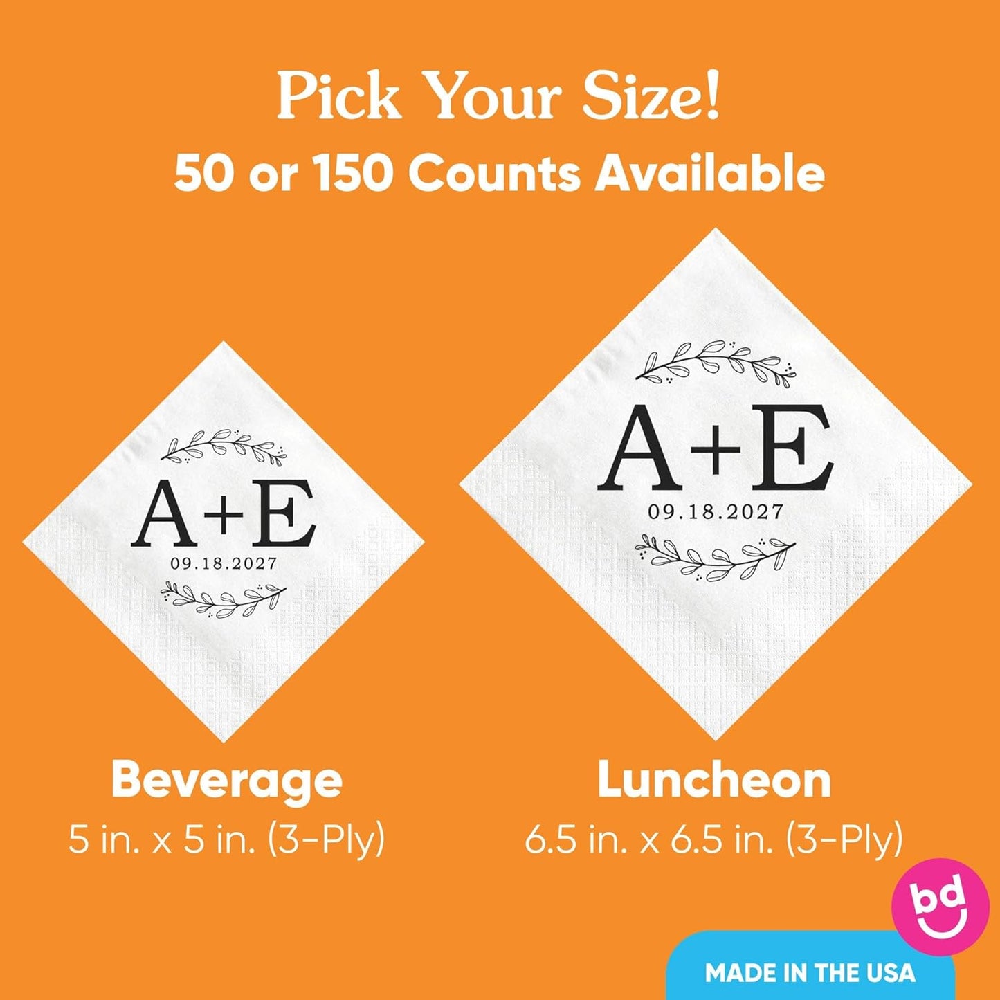 Big Dot of Happiness Personalized Rustic Leaves Monogram Wedding Napkins, Custom Engagement or Anniversary Party Laurel Wreath Branch Decor, White 3-Ply Paper Beverage Napkins - 50 Count