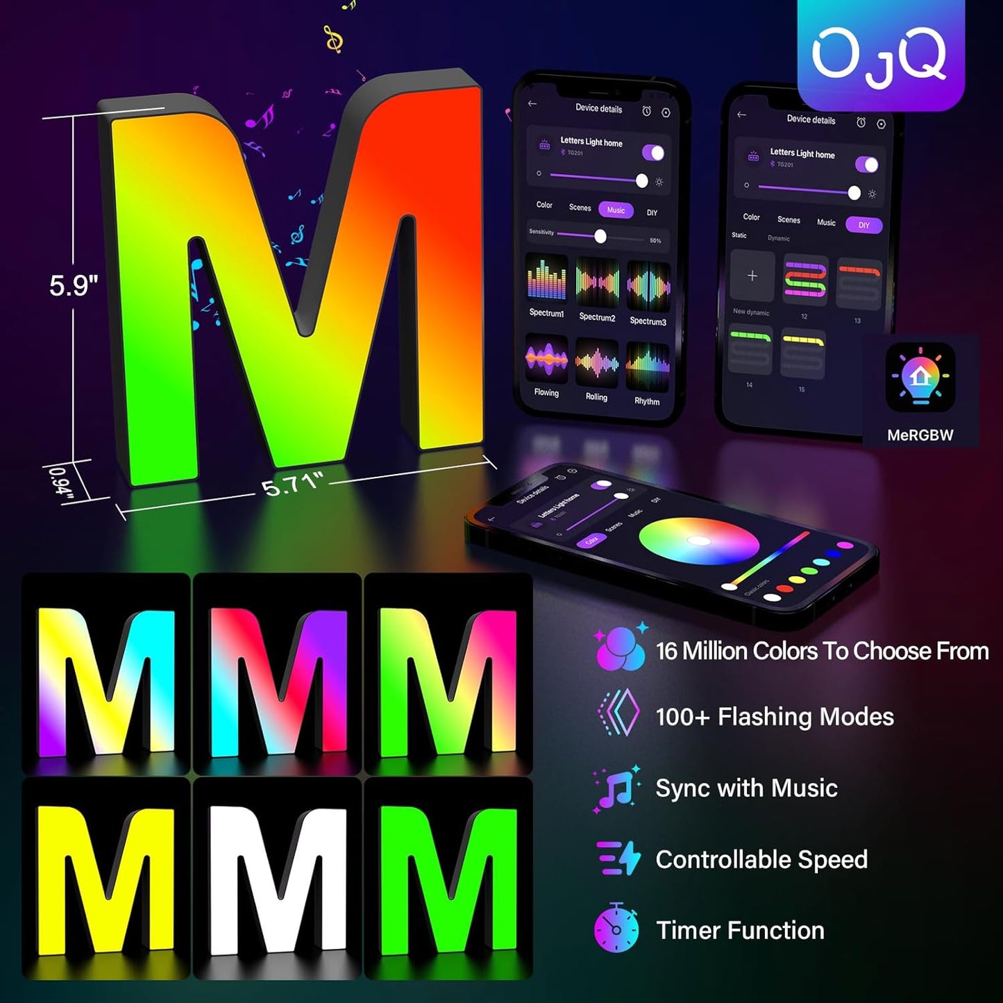 OJQ Light Up Letters LED Letter - Marquee Letters Room Decor Alphabet Letter Music Sync Color Change Colorful - Christmas Birthday Gifts for Girl - Teen Girls Gifts Party Home Wall Decor