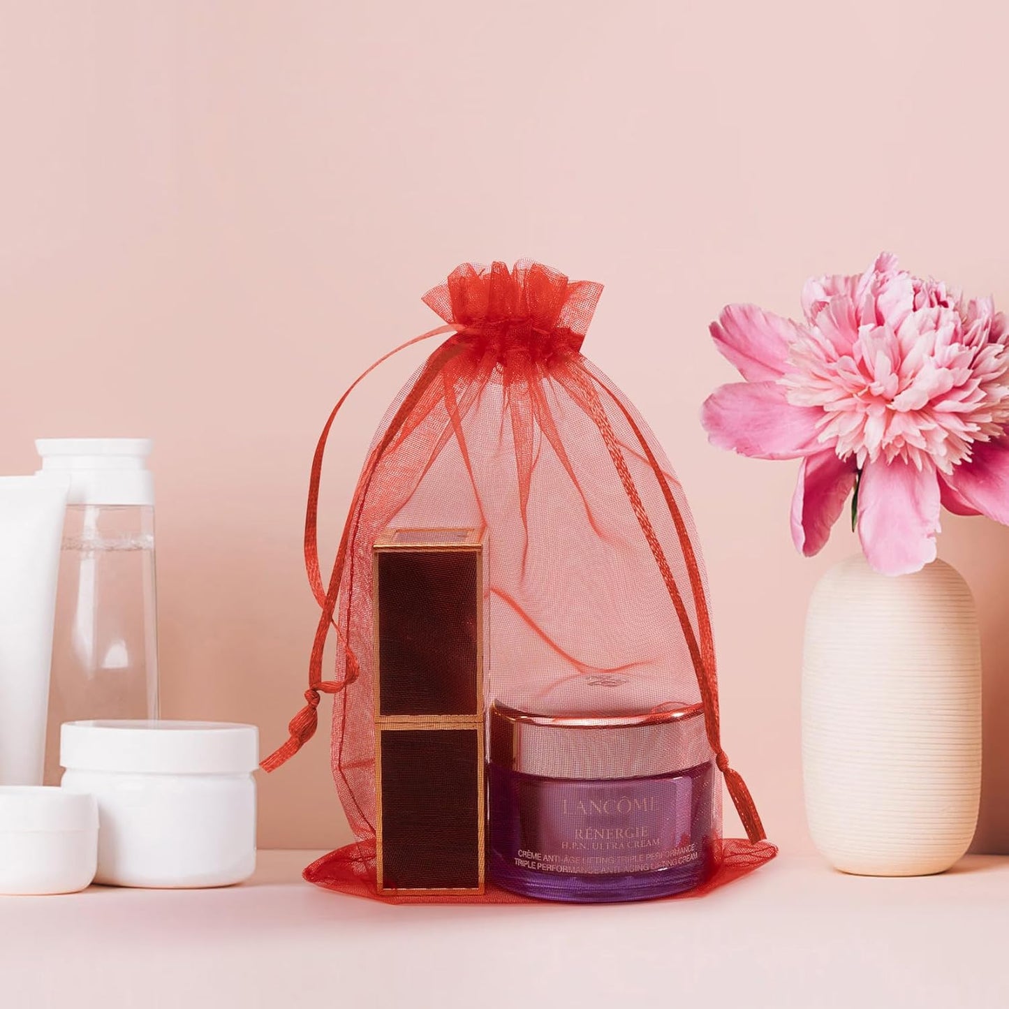 50 Pcs 3x4 Inch Organza Bags, Mesh Drawstring Treat Pouch Bags for Party Favor Wedding (Red)