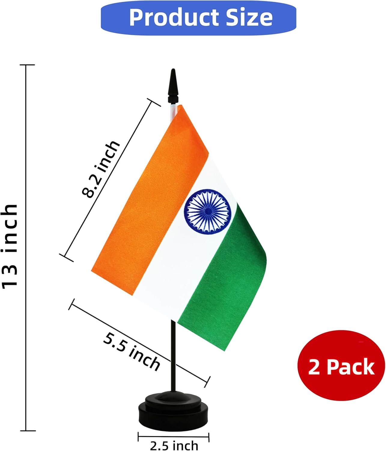 2 Pack India Desk Flag, Indian Table Office Flag with Solid Pole and Stand Base, International Country Flag, Festival Celebration, Classroom Meeting Desktop Decoration (India)