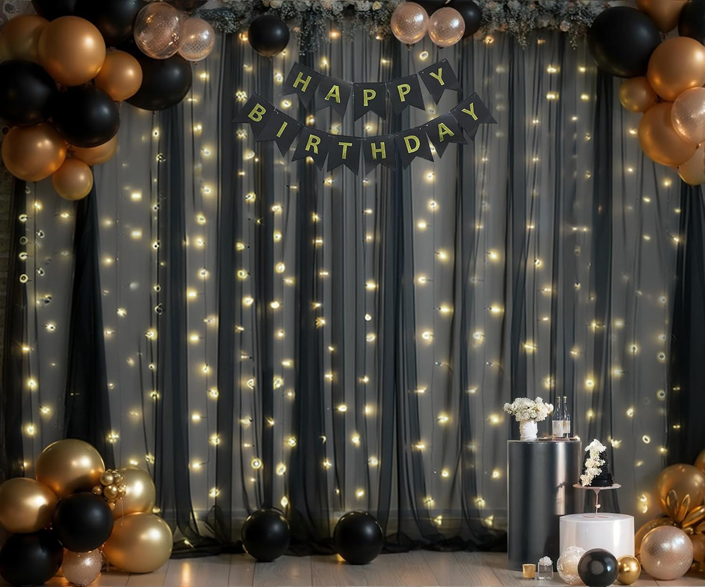 20ft x 10ft Black Tulle Photo Backdrop Curtain with Lights String for Parties Sheer Black Curtain Backdrop for Birthday Party Baby Shower Wedding Photo Booth Photography Background Decorations