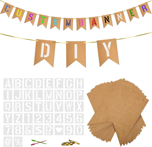 40 PCS DIY Custom Banner Set with Letter Stencils Ribbon, Customizable Party Sign Kit Blank Banner for Events Decoration Brown
