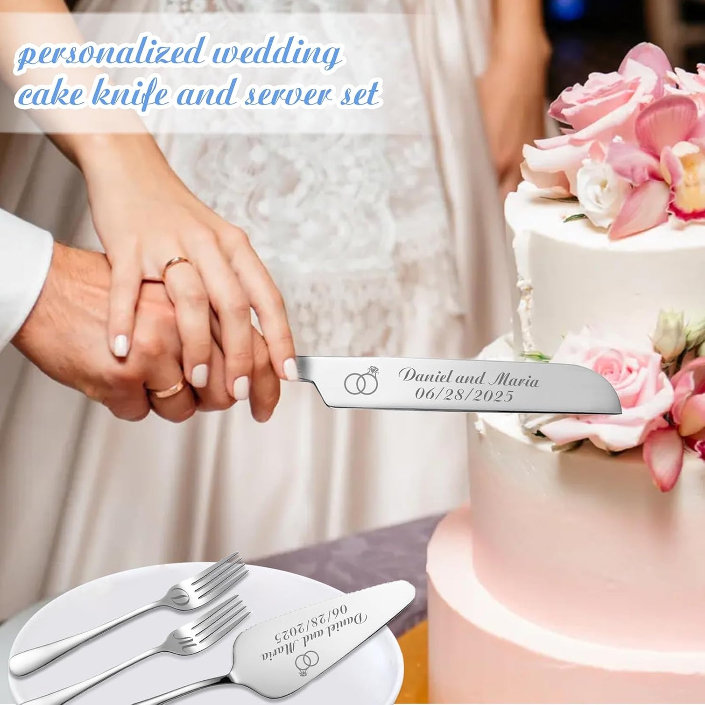 Personalized Wedding Cake Knife and Server Set, Custom Names Cake Cutting Set with Stainless Steel Forks, Customized Bridal Anniversary Birthday Wedding Registry Gifts (Silver)