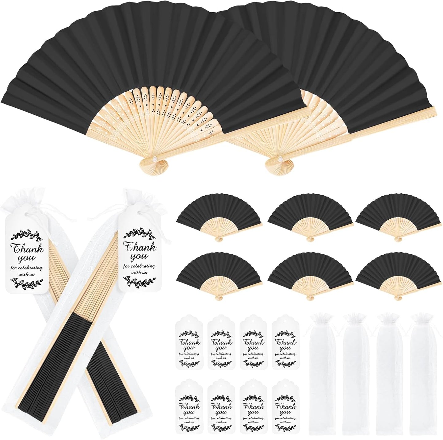 50Set Wedding Hand Fans Party Favors Black Paper Folding Handheld Fans Bulk, DIY Bamboo Fans with Thank Tag Organza Bag for Summer Guests Bridal Dancing Props Church Decoation