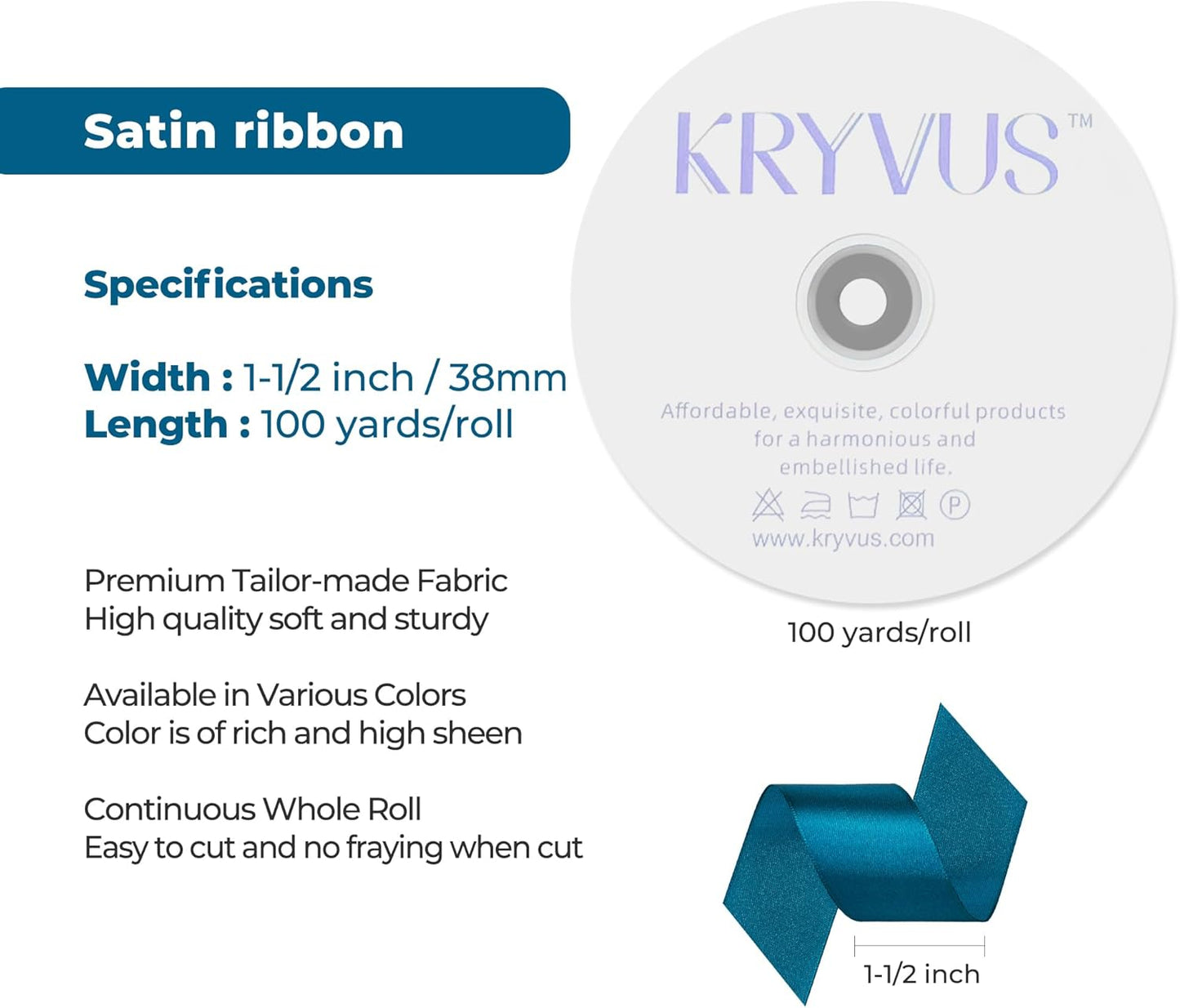 Turquoise Satin Ribbon 1-1/2 inch X Continuous 100 Yards, Single Face Polyester Ribbon Perfect for Gift Wrapping, Flower Bouquet, Wedding Decor, Crafts, Bow Making, Sewing and More