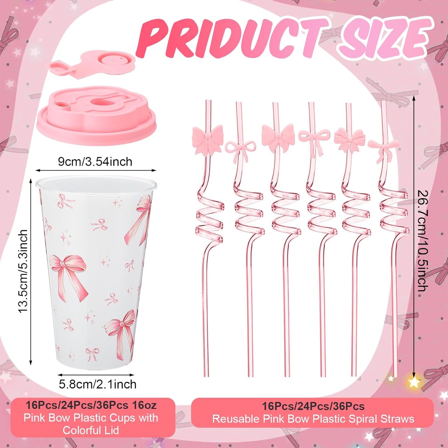 Yungyan 16 Sets Pink Bow Party Favors Goodie Cups with Lids and Straws for Birthday Coquette Party Decorations Reusable 16oz Plastic Candy Cups Plastic Straws for Christmas Decor(Pink Bow)