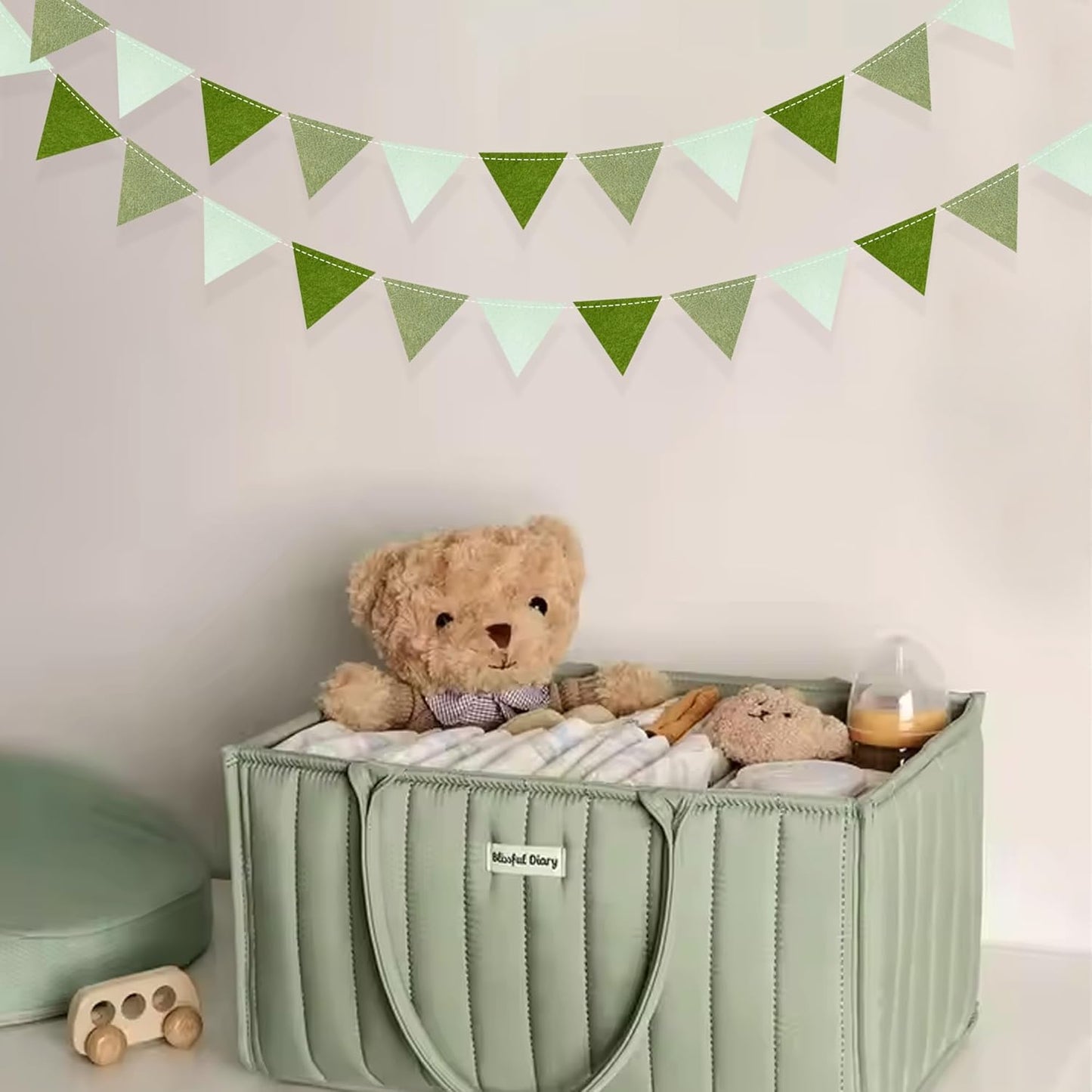 Olive Green Party Decorations Gradient Sage Green Felt Hanging Triangle Mini Bunting Pennant Banner Flag for Neutral Baby Shower Birthday Wedding Woodland Safari Jungle Party Classroom Nursery Decor