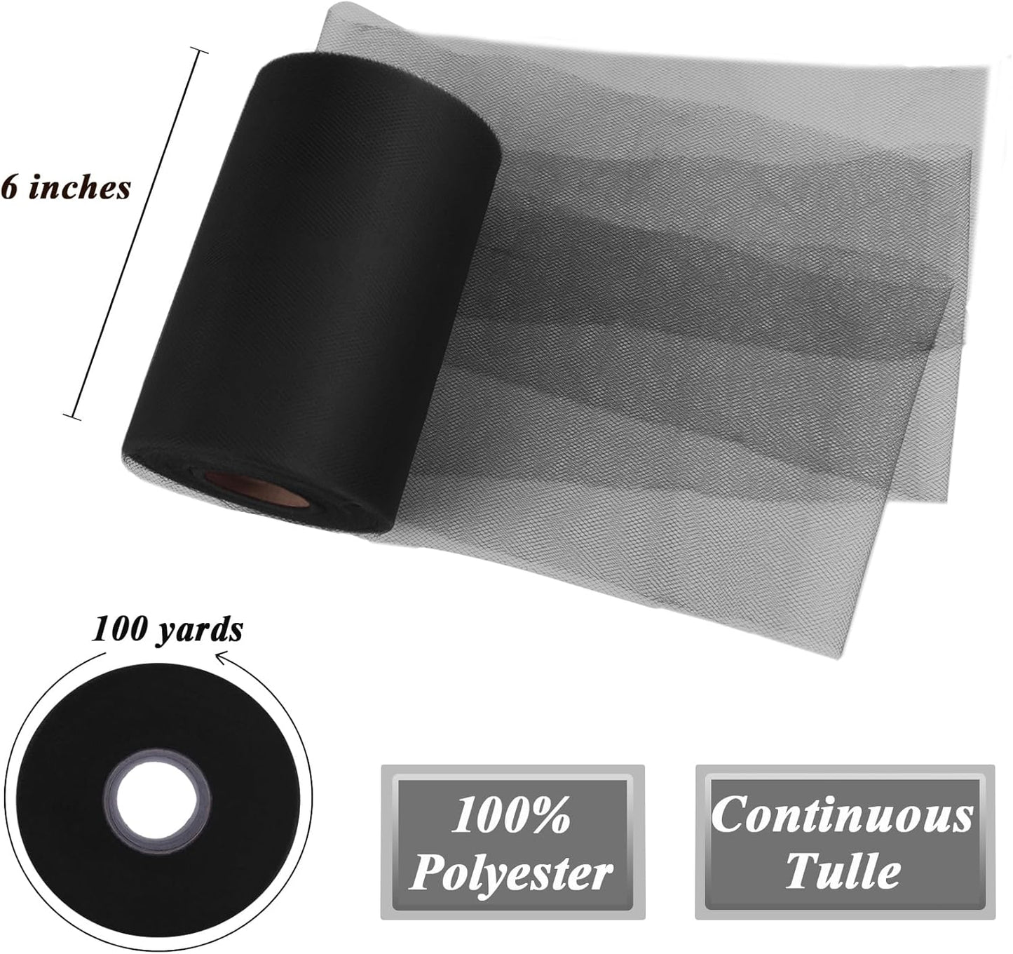 Black Tulle Fabric Roll 6" by 100 Yards (300 ft) Soft Tulle Spool for DIY Crafting Favor Supplies, Tutus, Wedding, Party Decorations, Gift Wrapping