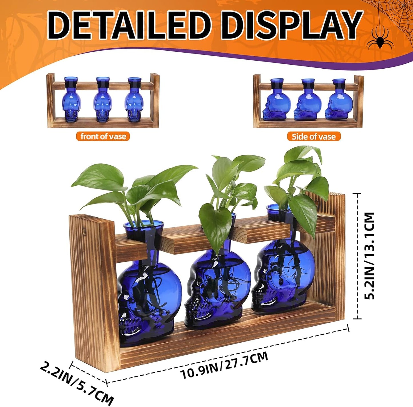 Plant Terrarium Propagation Stations Hydroponics Halloween Skull Planter Vase Skulls Decor with Wooden Stand Gift for Father