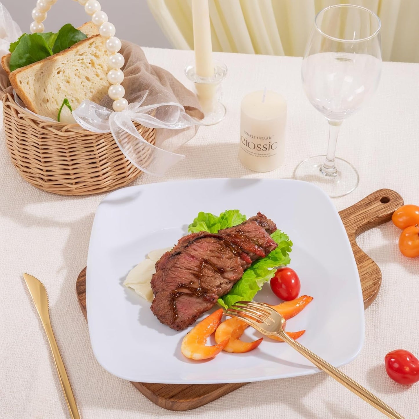 PULOTE 100PCS White Plastic Plates - White Square Disposable Include 50 Dinner 10 inch & 50 Dessert 7.25inch Plates, Ideal for Party & Wedding