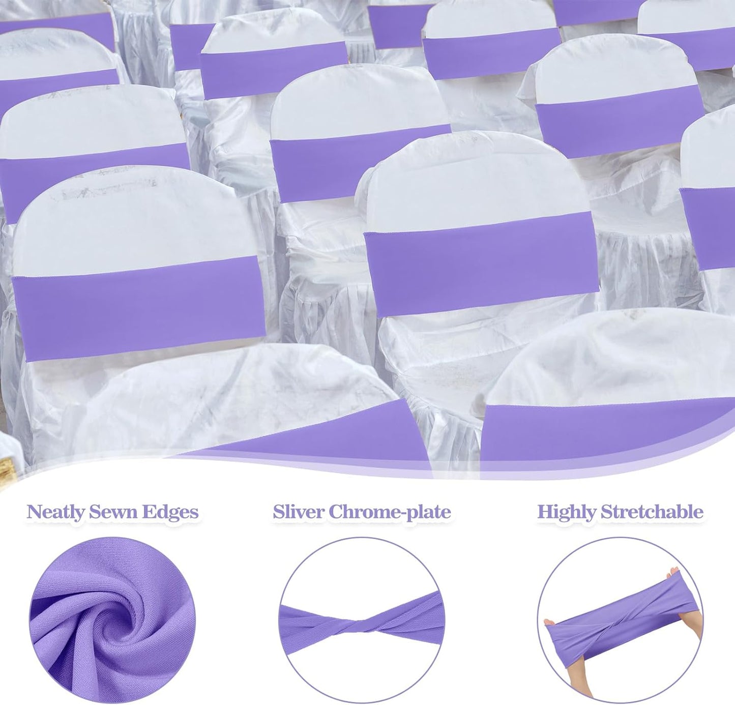 Kinlop 50 Pcs Spandex Chair Sashes Bows Chair Bands Slider Sashes for Covers Elastic Bands Ties Without Buckle Decorations for Wedding Party Events Ceremony Birthday(Light Purple)