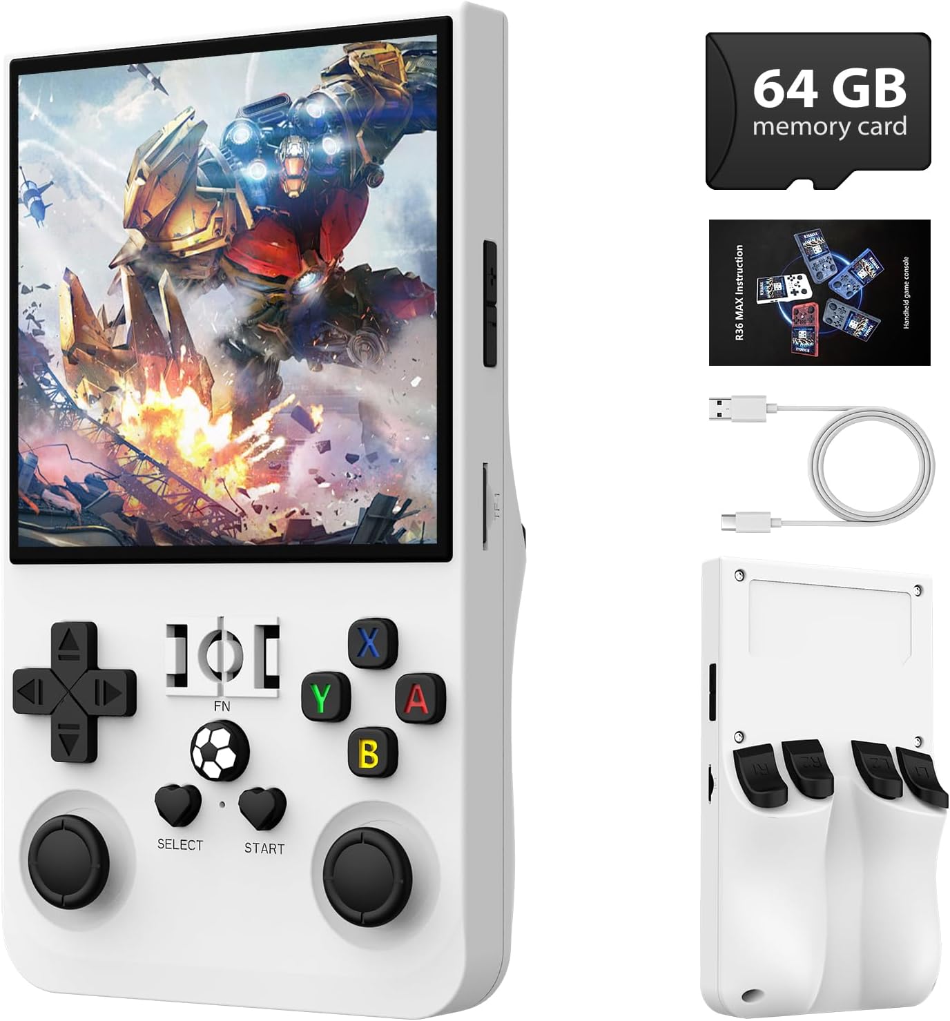 R36MAX Retro Handheld Game Console - 64GB Preloaded Classic Video Games, Support 30+ Simulators, Linux-Powered Portable Game Emulator Console with 4.0-in HD IPS Screen (White)