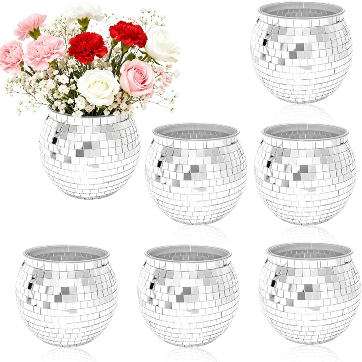 6 Pcs Disco Ball Vases,6" X 6.7" Disco Ball Centerpieces Decor,Silver Mirror Plastic Vase Disco Ball Planter for Wedding,Birthday,Office Table Decorations
