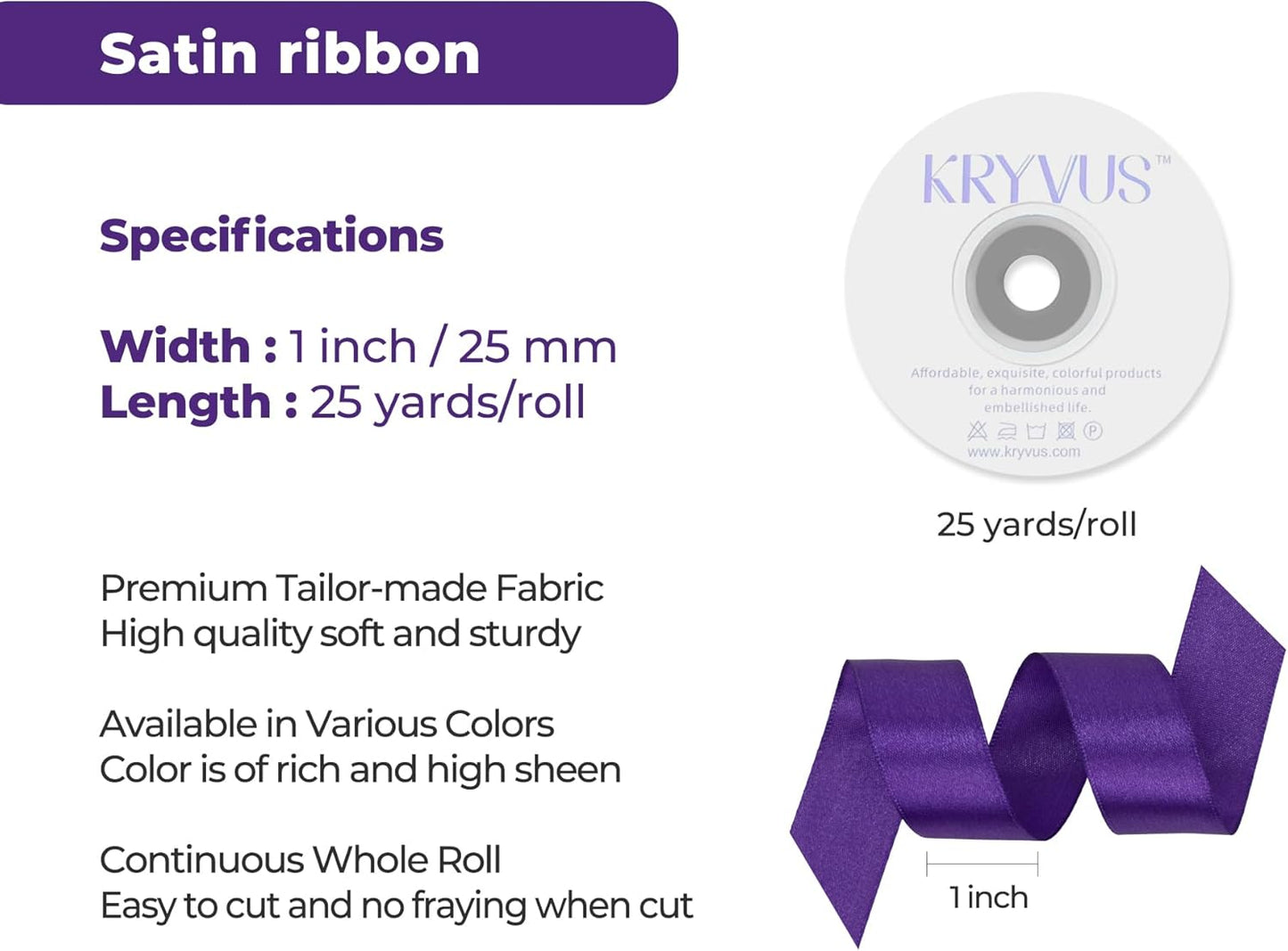 Purple Satin Ribbon 1 inch X Continuous 25 Yards, Single Face Polyester Ribbon Perfect for Gift Wrapping, Flower Bouquet, Wedding Decor, Crafts, Bow Making, Sewing and More