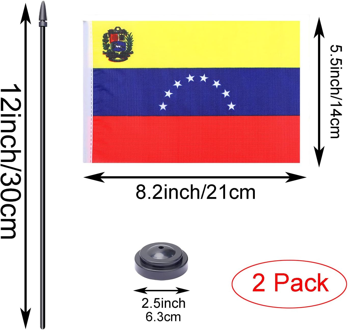 WXTWK 2 Pack Venezuela Flag Venezuela Deluxe Desk Flag Set - Mini Small Venezuelan Table Office Flags with Black 12" Solid Pole Stand Base Classroom Meeting Desktop Decorations