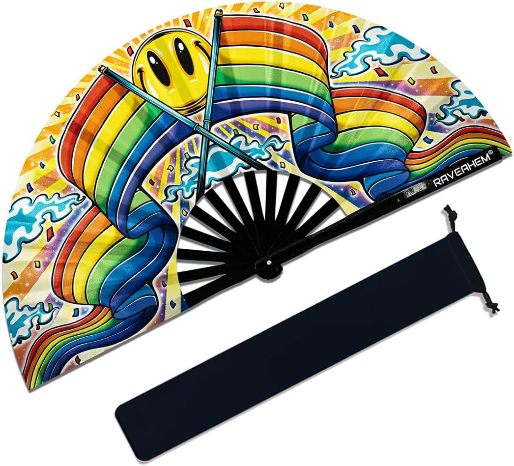 13" Large Rave Fan Bamboo, Folding Clack Hand Fans Foldable for Men Women, Boots on the Ground Poping Fan for EDM Festival Line Dance Decoration, (Rainbow, Large 13")