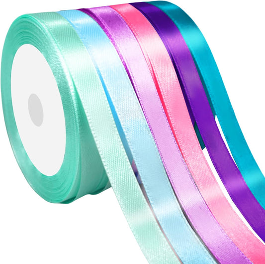 3/8" 6 Colors X 25 Yards Pink Green Blue Satin Ribbon,150 Yards Assorted Colors Satin Ribbons for Flower Bouquet,Ribbons for Gift Wrapping Happy Birthday Party Decorations