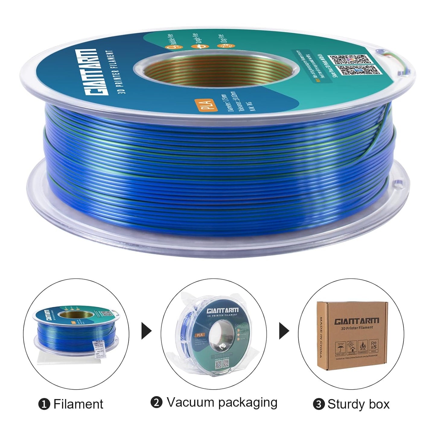 GIANTARM Tri-Colors Silk Pla Filament, 3D Printer Filament 1.75mm +/-0.02mm, 1Kg (2.2lbs) Spool, Vacuum Packaging (Orange+Blue+Green)