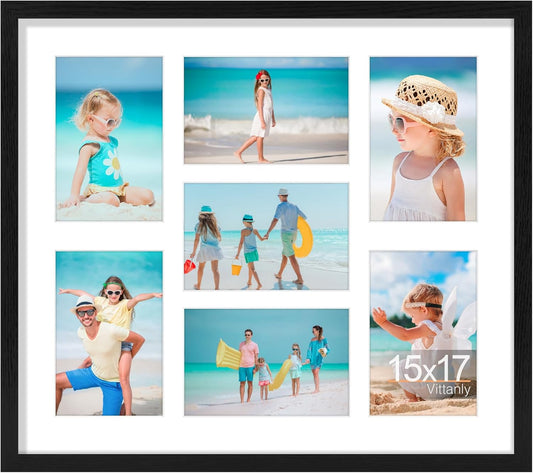 Vittanly 15x17 Collage Picture Frame, Displays 7Pcs 4x6 Pictures with Mat, Picture Frames Collage Wall Decor for Horizontal or Vertical Display, Black, 1 Pack