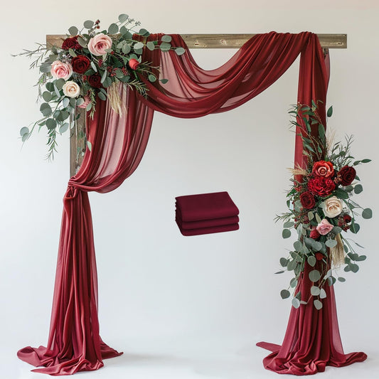 Wedding Arch Draping Fabric 3 Panels 28.7" x 20FT Burgundy Sheer Chiffon Backdrop Drapes for Wedding Ceremony Birthday Party Bridal Shower Outdoor Decoration