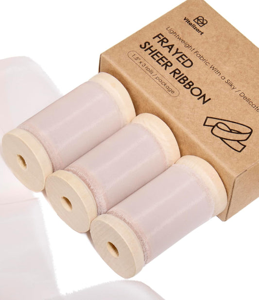 Vitalizart Pink Organza Ribbon Frayed Sheer Organza 1.5" Silk Like Ribbons for Valentines Day Gift Wrapping Craft Flower Bouquet Wedding Invitations Mesh Fabric Blush Light Pink 15 Yards