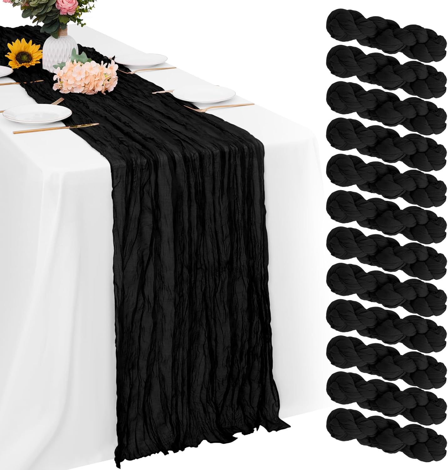 Aktor 12 Pack Black Table Runner Boho Cheesecloth Table Runner Semi Sheer Gauze Fabric Runners for Wedding Birthday Baby Shower Party Boho Table Decoration（Black）