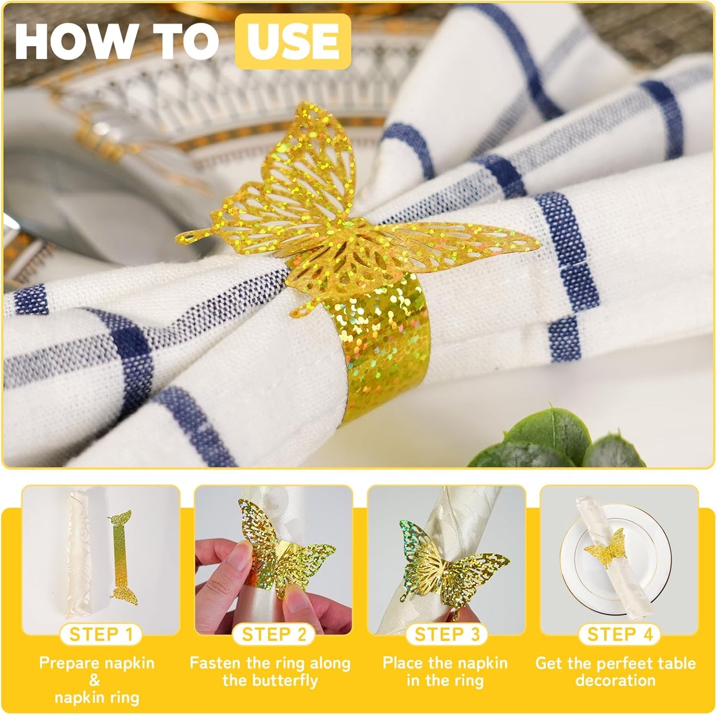 100 Pcs 3D Gold Butterfly Iridescent Napkin Rings Silverware Wraps Bands,Table Setup Sequined Wedding Valentines Day Event Party Supply Settings, Glossy Serviette Buckles Decoration(Gold)