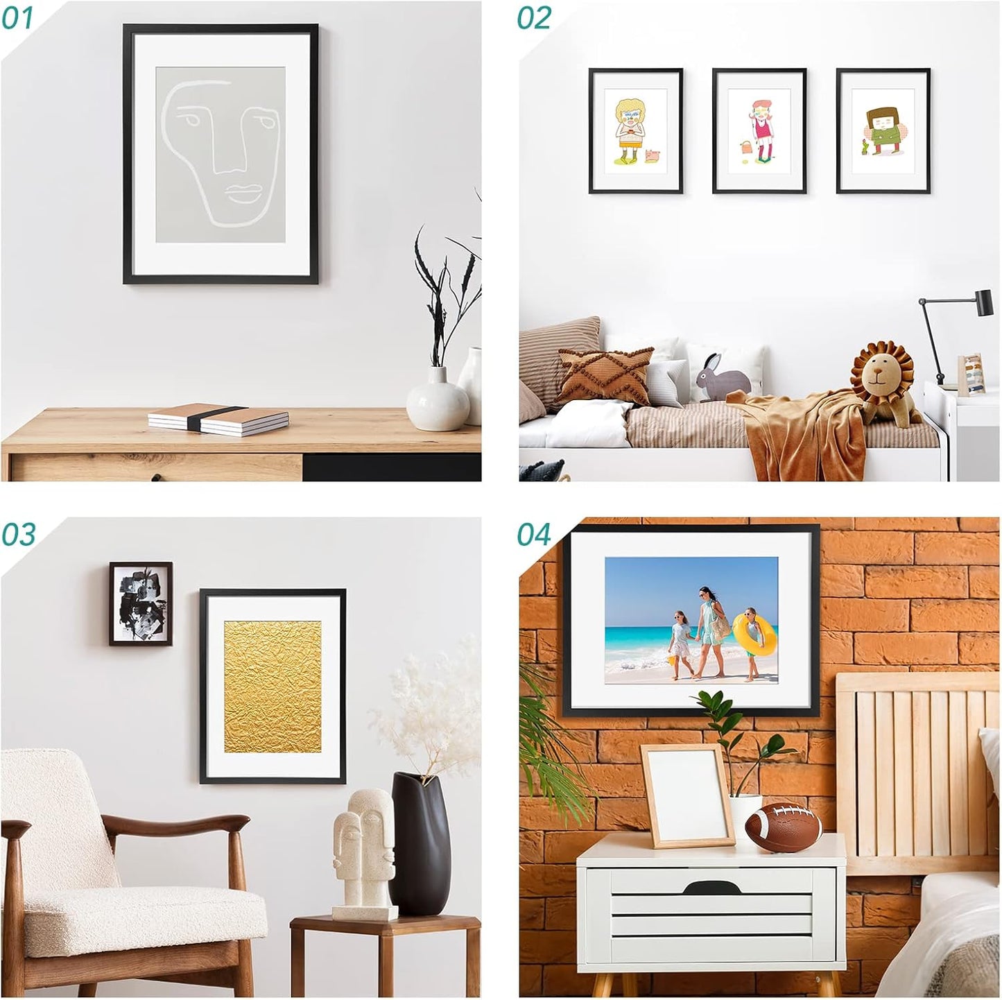 TWING 12 x 16 Picture Frames Set of 6, Display Pictures 8.5x11 with Mat or 12x16 Without Mat, Large Photo Gallery Wall Frame Set Wall Mounting Black Composite Wood