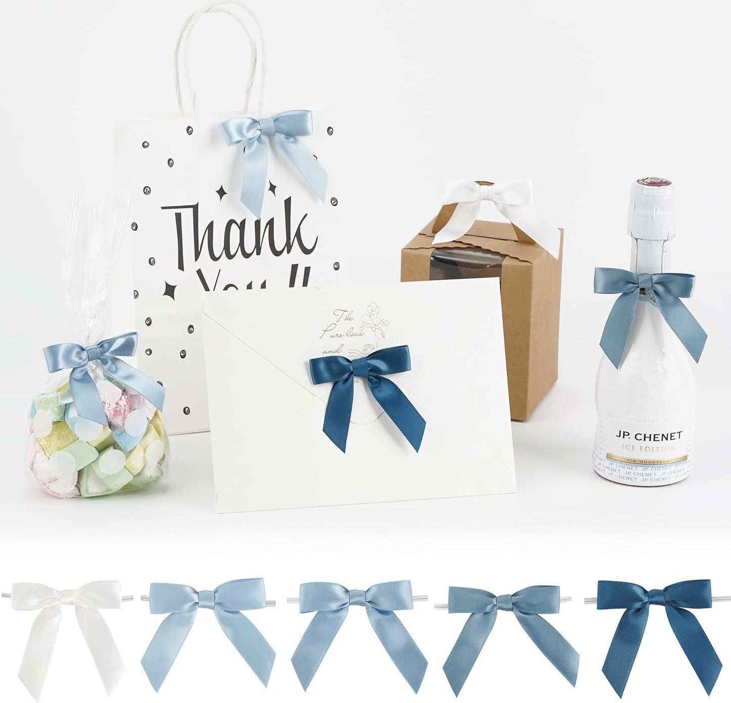 AIMUDI 5 Colors Dusty Blue Ribbon Bows 2.5" Satin Twist Tie Bows for Gift Wrapping Premade Satin Bows for Making Crafts Treat Bag Baby Shower Birthday Party Wedding Decoration, 50 PCs