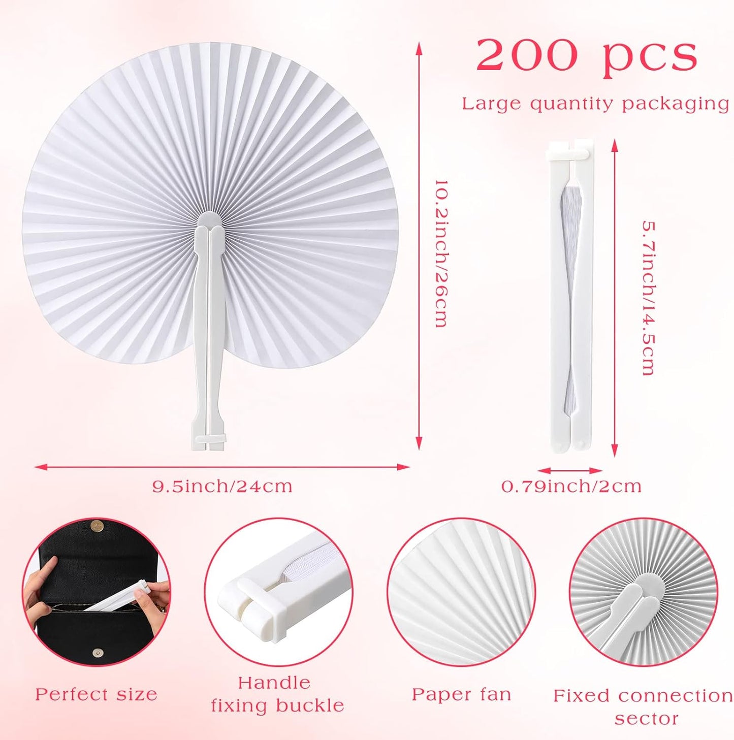 Handepo 200 Pieces Wedding Fans Folding Paper Fans Paper Fans Round Shaped Folding Fans Handheld Fan with Plastic Handle for Wedding Celebration Birthday Party Favor (White)