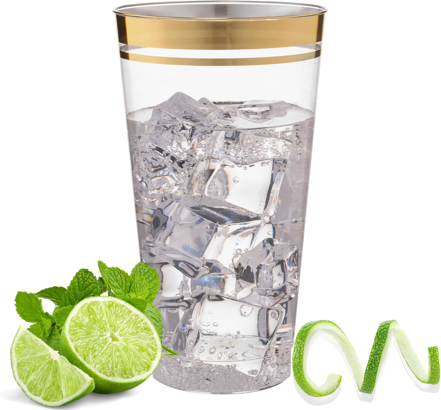 Perfect Settings Gold Rimmed Disposable Plastic Cups, Clear Hard Plastic Drinking Glasses for Cold Beverages & Cocktails, BPA-FREE, Disposable Wedding Cups, 16 oz. (Pack of 100)
