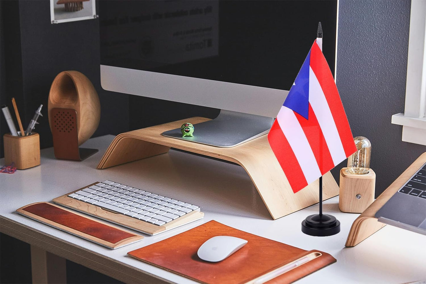 WXTWK 2 Pack Puerto Rico Flag Puerto Rico Deluxe Desk Flag Set - Mini Small Puerto Rican Table Office Flags with Black 12" Solid Pole Stand Base Classroom Meeting Desktop Decorations