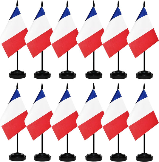 12 Pack France Desk Flags Set, French Small Mini Table Office Flags With 12" Solid Black Pole, Black Base and Spear Top, Miniature Desktop Flag, Home Decoration, Office Decoration, Festival