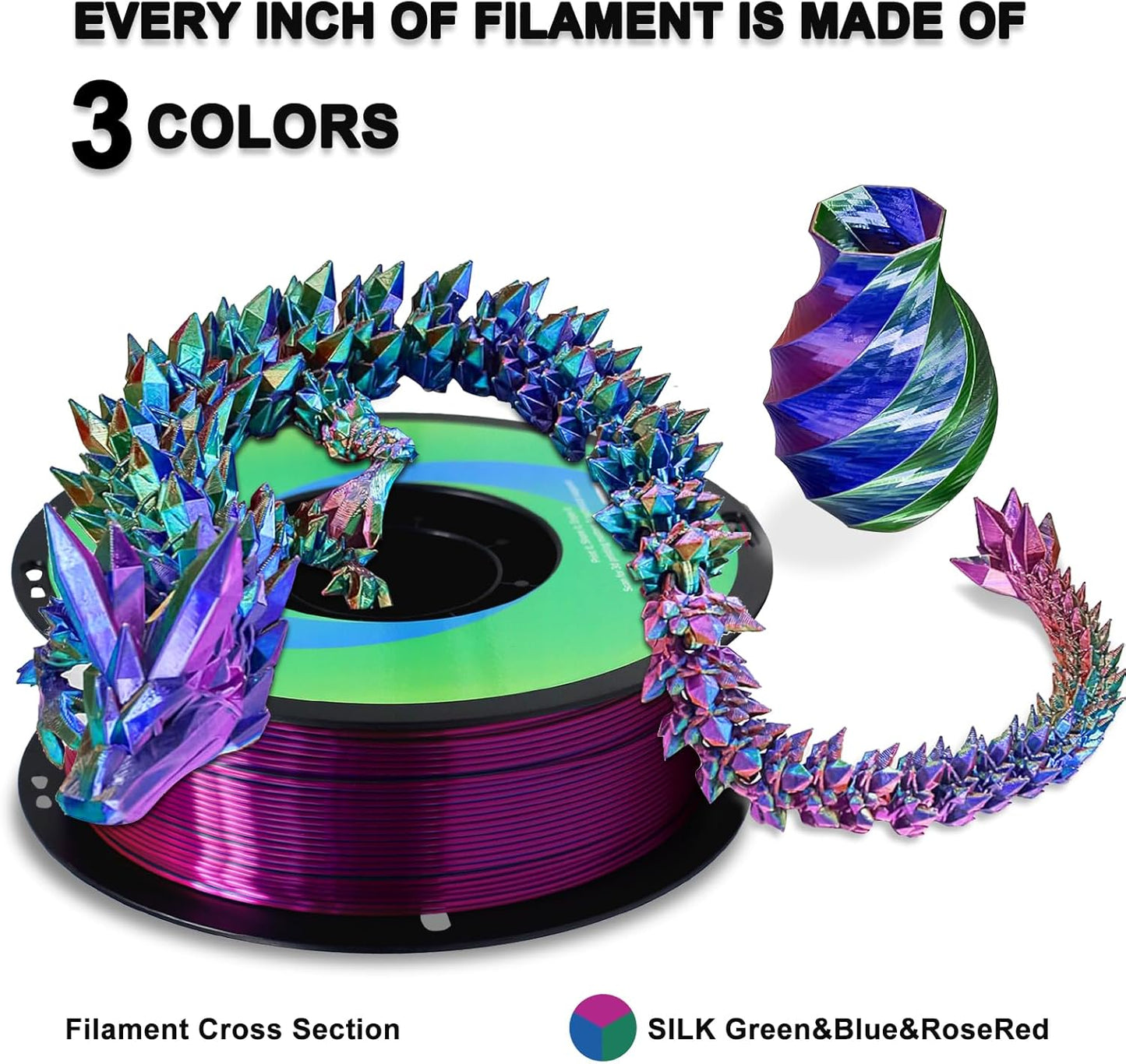 YOUSU Tri Color PLA 3D Printer Filament 1.75mm, Coextrusion Rainbow PLA Filament with Silk PLA Pink-Blue-Green, Multi Color 3D Printing Filament +/-0.02mm, 1kg/2.2lbs