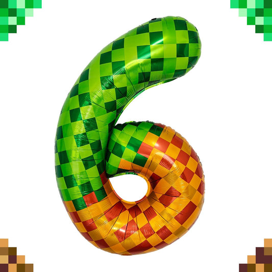 Pixel & TNT Theme 40in Giant Number Balloons - Foil Mylar Birthday Party Decorations for Kids Adults Cumpleaños, Block Style Pixel Art Shape Balloon Decor Supplies (Pixel, Number 6)