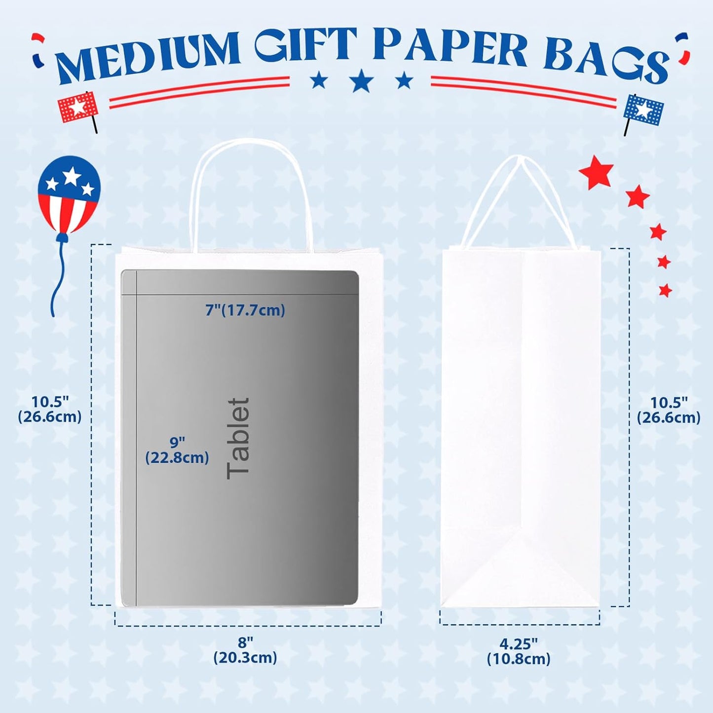 MESHA Gift Paper Bags 300 PACK 8x4.25x10.5'' White Medium Shopping Kraft Bags Bulk with HandlesReusable for Business Grocery Birthday Wedding Kids Party Favors(Made in USA)