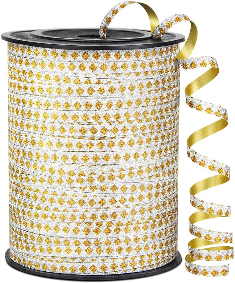 Square Pattern Glitter Curling Ribbon, 1/5" Wide x 500 Yards Christmas Curling Ribbons for Gift Wrapping, Party Decoration, Balloon String, Crafting, Balloon Ribbons for Florist Flower (1 Roll)