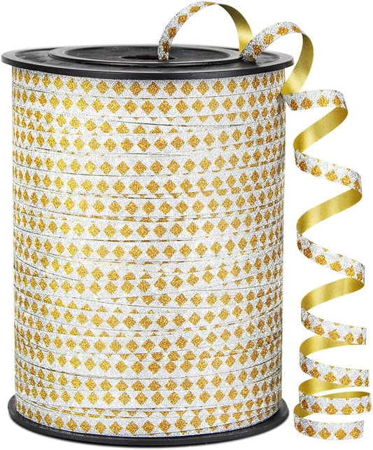 Square Pattern Glitter Curling Ribbon, 1/5" Wide x 500 Yards Christmas Curling Ribbons for Gift Wrapping, Party Decoration, Balloon String, Crafting, Balloon Ribbons for Florist Flower (1 Roll)