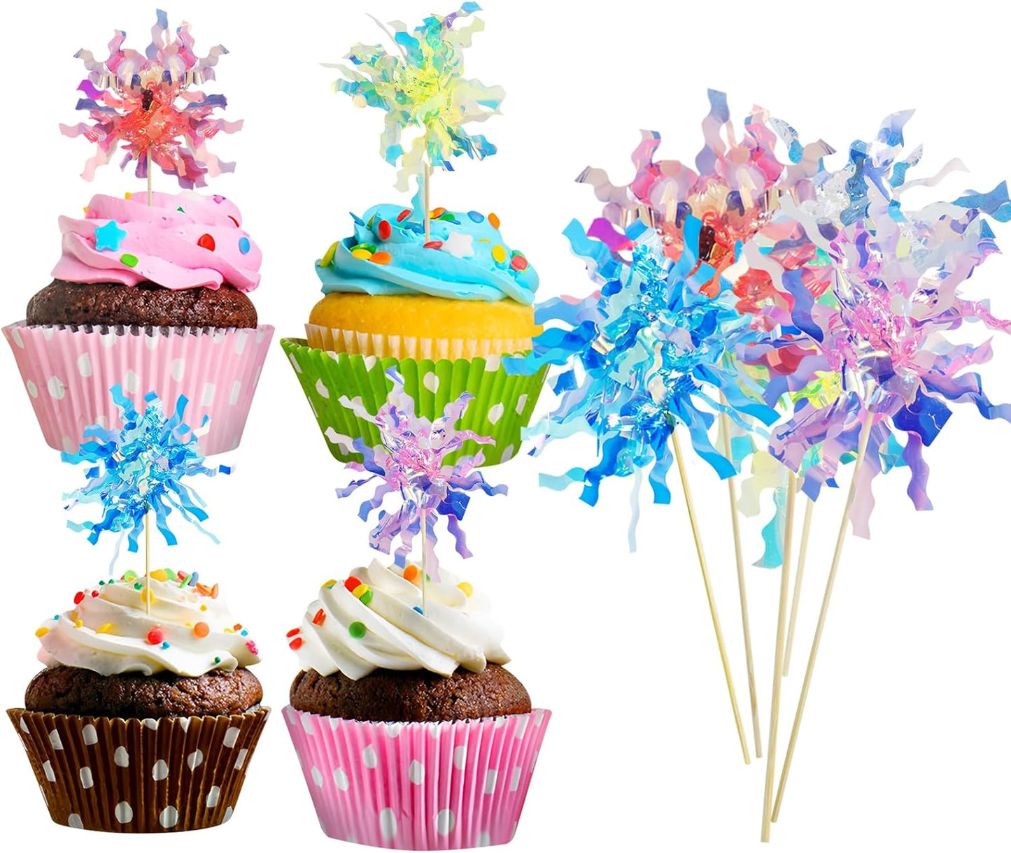 30 PCS Foil Firework Cupcake Toppers Sparkle Tinsel Cake Toppers for Colorful. Tinsel Drink Cake Decoration, Cocktail Food Fruit Toothpick for Cake Decoration Party Supplies