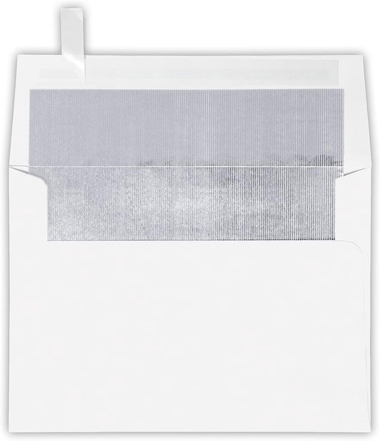 LUXPaper A7 Foil Lined Invitation Envelopes | Peel & Press | 5 1/4" x 7 1/4" | White w/Silver LUX Lining | 60lb. Text | 50 Qty