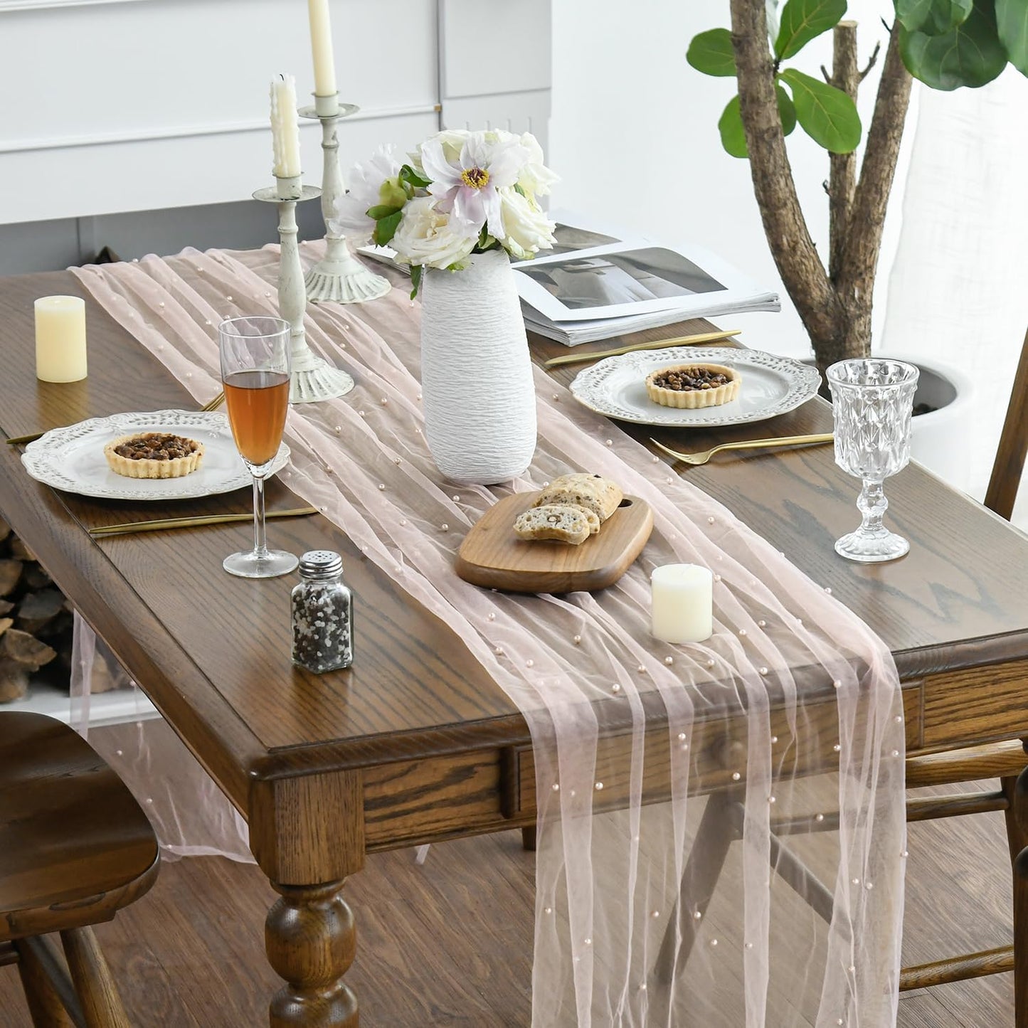 Artoid Mode Pearl Pink Gauze Table Runner 120 Inch 10FT, Seasonal Sheer Dining Holiday Wedding Birthday Baby Shower Table Decor for Home Party