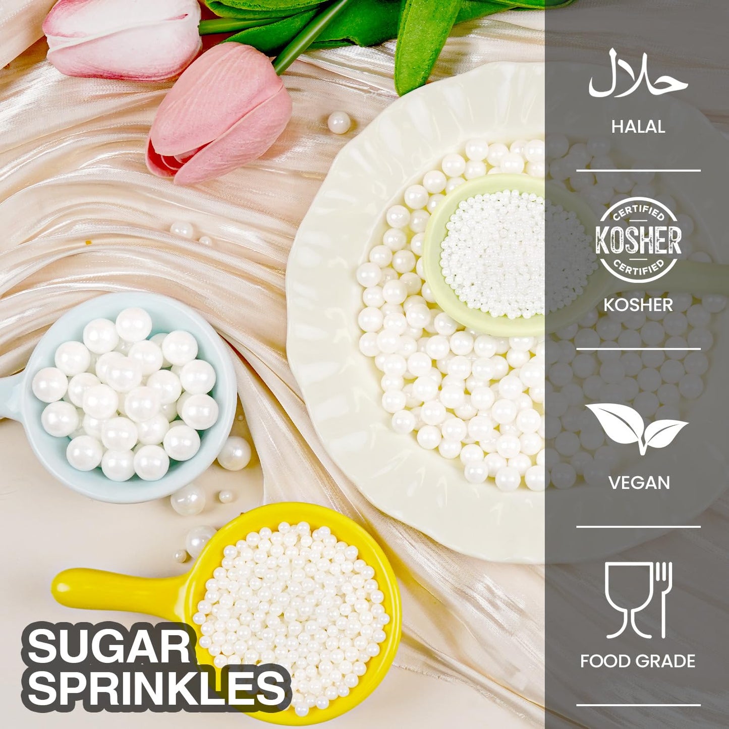 White Edible Sugar Pearl Sprinkles for Cake Decorating, Candy Pearls Sprinkles for Cupcake, Cookie, Baking Cake Decorations, 4 sizes, 160g/5.64oz, Wedding Party Chirstmas Supplies
