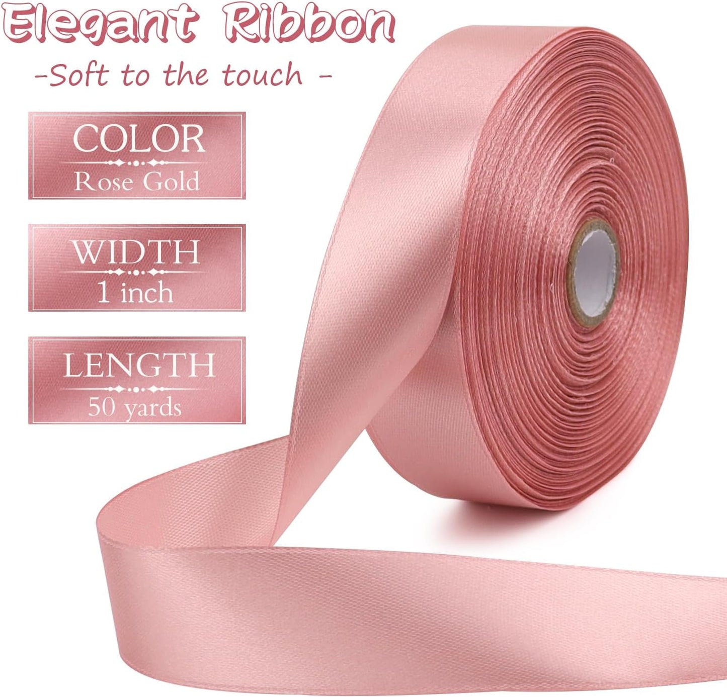 Rose Gold Solid Satin Ribbon 1 Inch 50 Yards Solid Polyester Fabric Ribbon for Gift Wrapping Wedding Christmas Baby Shower Birthday Party Decoration Handmade Immortal Flower Craft