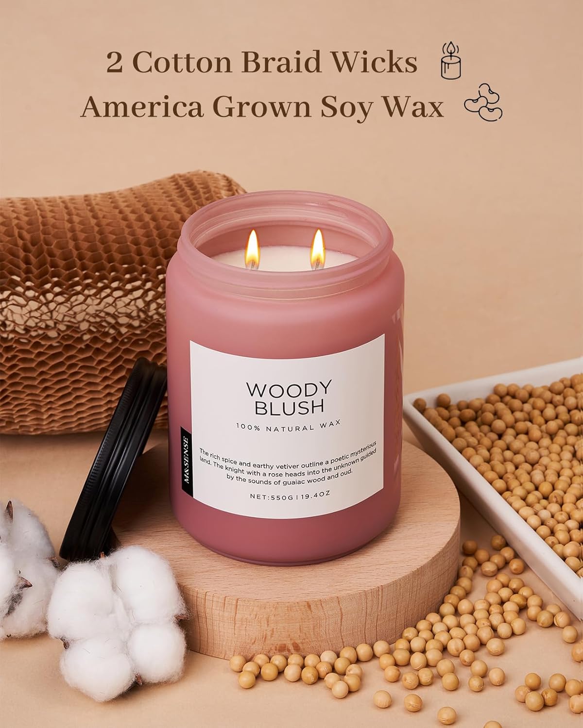 M&SENSE Rose Oud Wood Soy Candles 2 Wick, Large Scented Candles 19.4oz 110 Hour Long Lasting Burn Non Toxic Natural Luxury Aromatherapy Gifts for Women & Relaxing Spa Yoga
