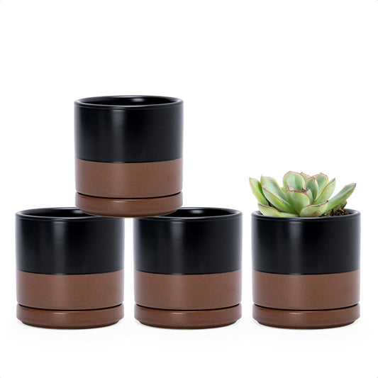 D'vine Dev Set of 4 Small Ceramic Plant Pots, 3.5 Inch Succulent Planter Pot for Plants with Drainage Hole and Saucer, Black/Speckled Tan, 94-X-A-7