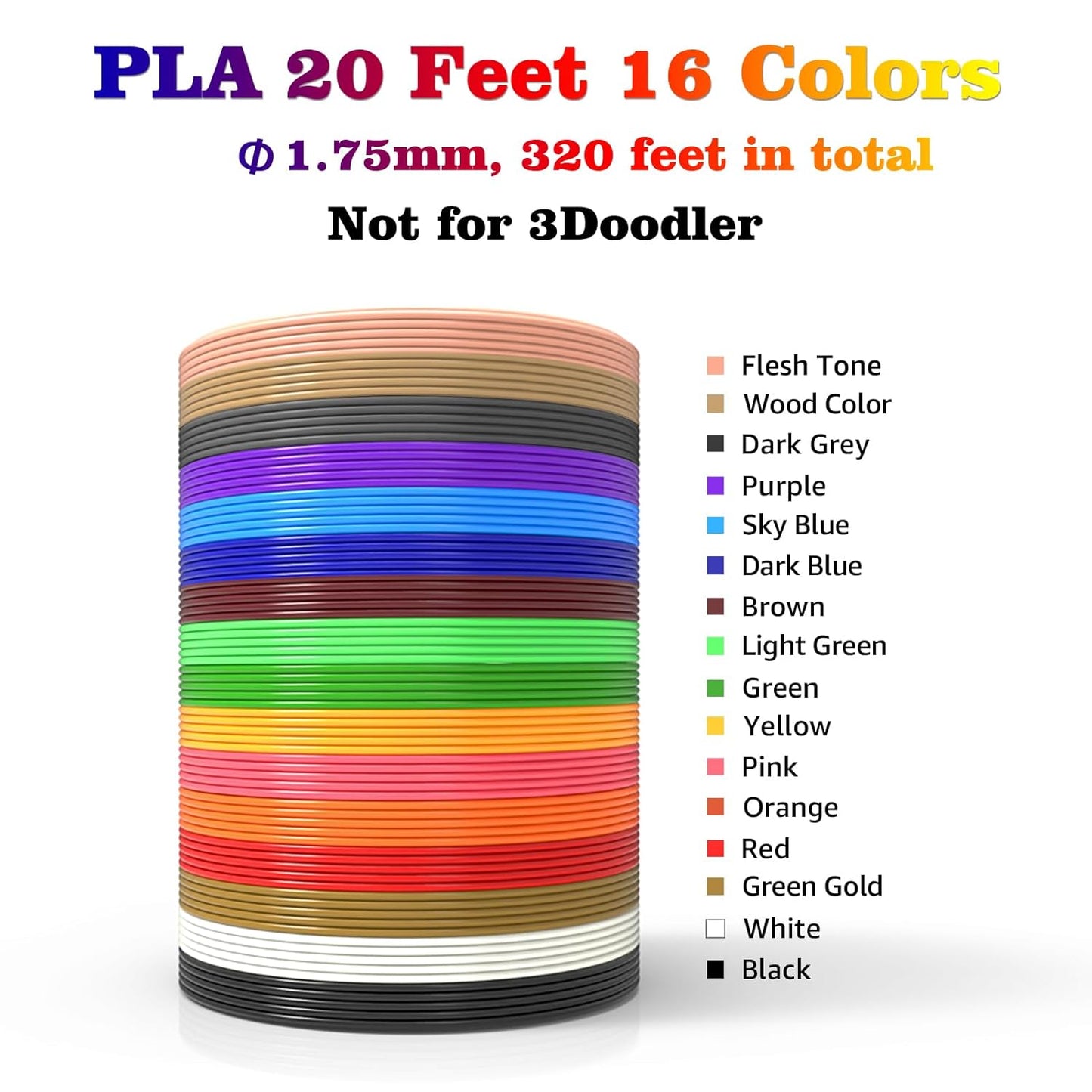 16-Color 320ft PLA 3D Pen Filament Refills - 1.75mm, Kids Safe, 250 Stencils eBook - for SCRIB3D P1 and MYNT3D Pens