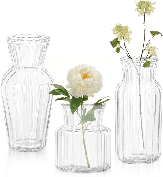 Modern Clear Glass Vase Set - 3Pcs Small Handmade Flower Vases, Decorative Mini Bud Vases for Wedding Reception, Dining Table, and Home Decor - Perfect for Single Stem Flowers